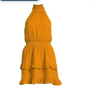 BCBG Paris High Neck Halter Smocked Ruffle Mini Dress